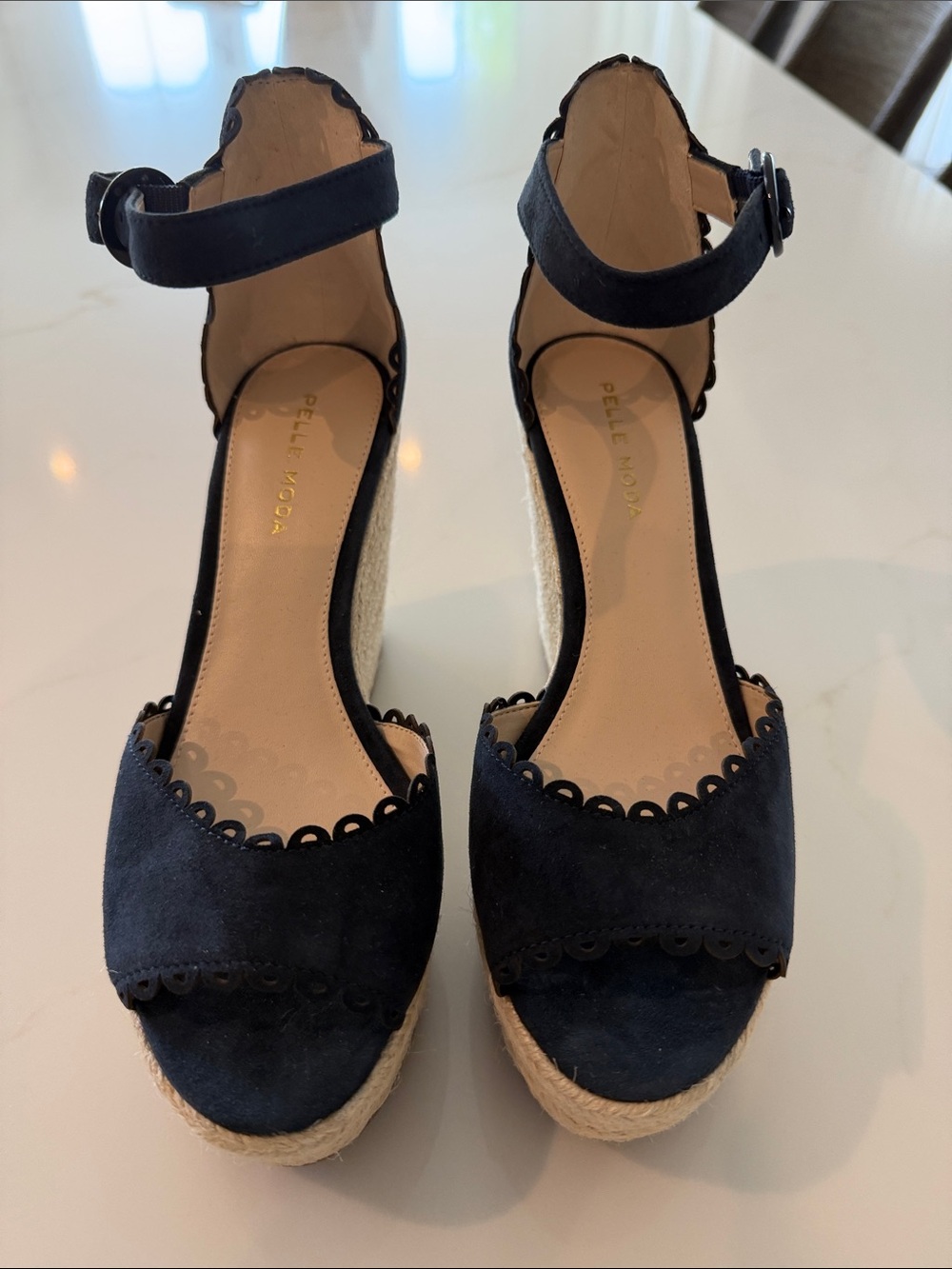 Pelle Moda Navy Suede Scalloped Espadrille Wedge Sandals